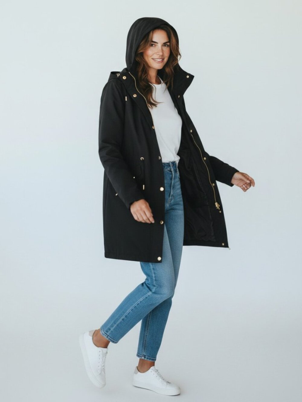 Michael Kors Black Hooded Anorak Rain Coat Gold Hardware Utility Jacket Size S
